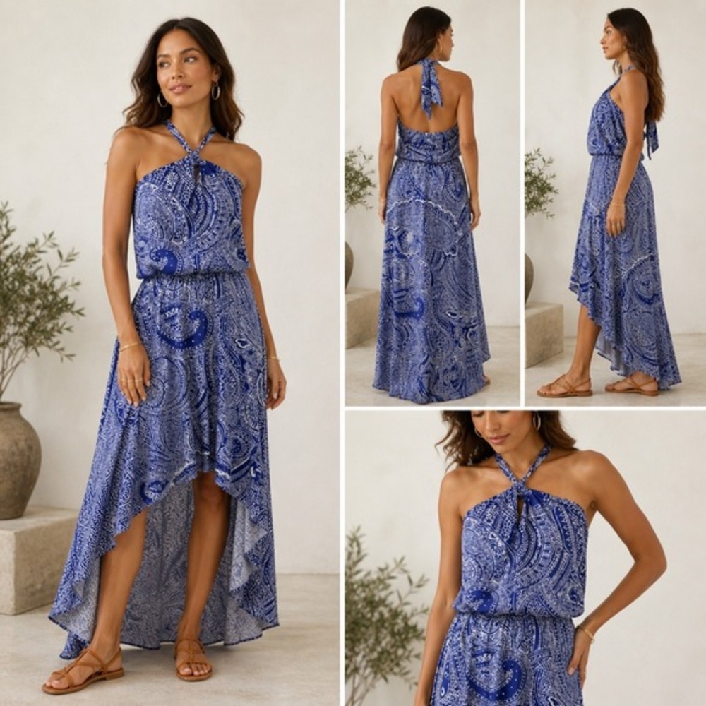 Tori Richard Blue Paisley Halter High-Low Dress Womens Medium Made in Hawaii USA